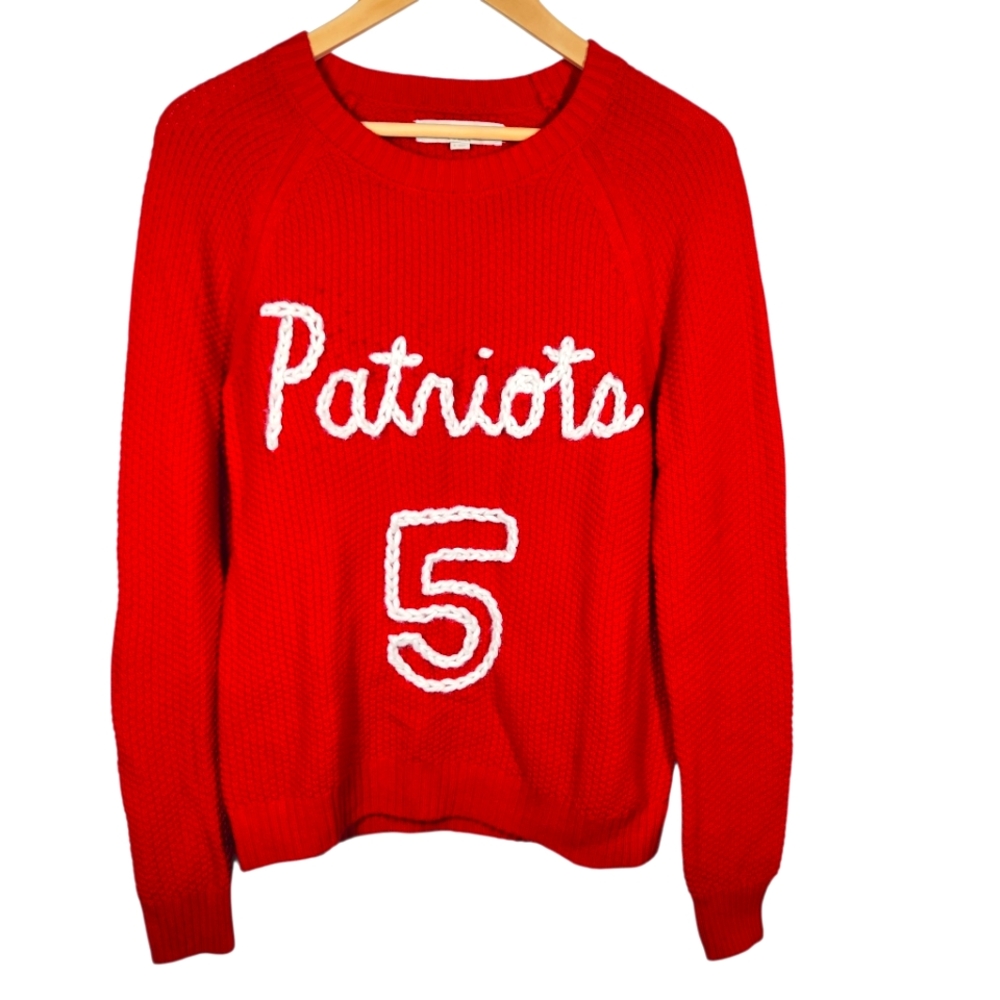 Loft Crochet Embroidered Woven Cotton Red Patriots Sweater Cozy Football Fall S‎